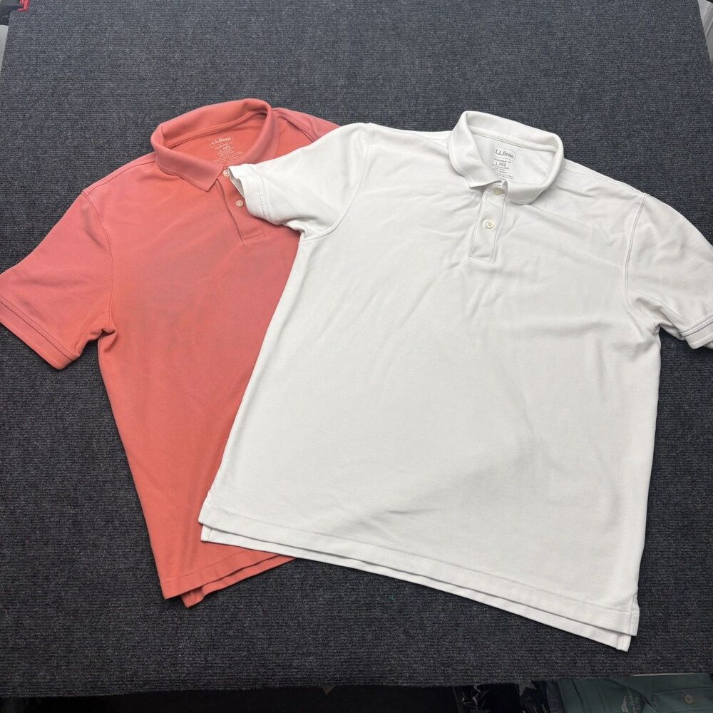 Lot of 2 LL Bean Mens Traditional Fit Polo Shirts Size Large Regular White Coral